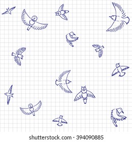 Ink sketch of birds on notebook paper - vector pattern.