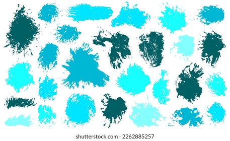 Grupo vectorial de trazo de pincel de esbozo. La mancha dibuja manchas y los elementos modernos. Juego de esténcil de banner texturizado con manchas de manchas. Dibujo de manchas acuáticas de pincel.