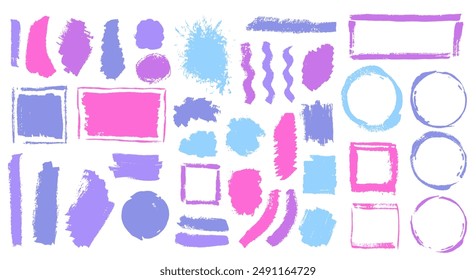 Ink sketch brush stroke vector batch. Freehand border box special elements. Stripe spot textured banner imprint pack. Brushstroke ink spots design.