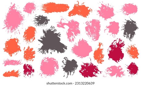 Ink sketch brushstroke vector pack. Freehand smudge blotch bold shapes. Blob paintbrush textured banner imprint set. Daub oil spots design.