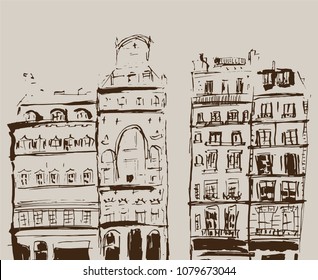 Ink sketch of buildings. Hand drawn illustration of Houses in the European Old town. Travel artwork. Black line drawing isolated on blue background.