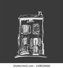 Ink sketch of buildings. Hand drawn vector illustration of Houses in the European Old town. Travel artwork. White line drawing isolated on dark gray background. Chalkboard imitation.