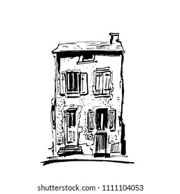 Ink sketch of buildings. Hand drawn vector illustration of Houses in the European Old town. Travel artwork. Black Line drawing isolated on white beige background.