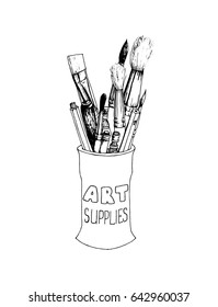 Ink sketch of a can with artist's tools