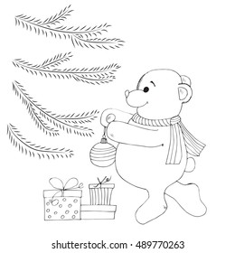 ink sketch Christmas fir tree bear gifts for kids coloring book anti-stress vector