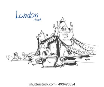 ink sketch drawing of famous place Tower Bridge in London with hand lettering inscription, vector illustration