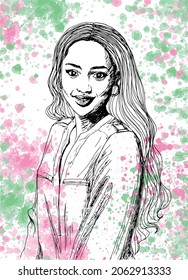croquis à l'encre ou portrait dessiné d'une jeune femme souriante, très jolie avec de longs cheveux et une chemise, sur fond grunge rose et vert, elle porte aussi des boucles d'oreilles et de maquillage (rouge à lèvres)
