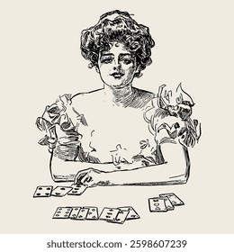 Ink sketch of an elegant woman in a ruffled dress playing cards. A classic 19th-century vintage portrait with a refined atmosphere.