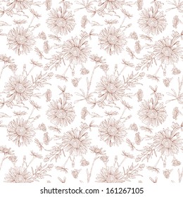 Ink sketch of flowers.Seamless pattern. 
