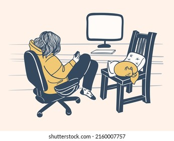 An ink sketch. A girl with a phone and a sleeping cat on a chair. Vector