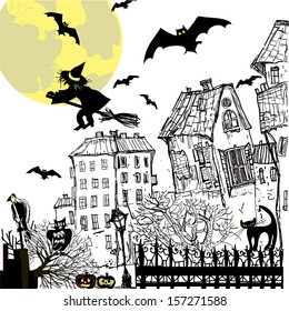 Ink sketch halloween background. Vector illustration.