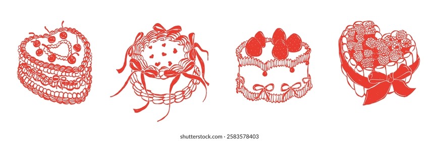 Ink sketch hand drawn minimal line art illustrations of heart-shaped cakes decorated with ribbons, cherries, and strawberries, featuring delicate bows, perfect for love, celebration, and dessert-theme