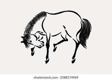 Ink sketch of a horse with a flowing mane and tail, depicted in a minimalist style. The horse's elegant pose highlights its grace and strength. Vintage animal illustration vector.