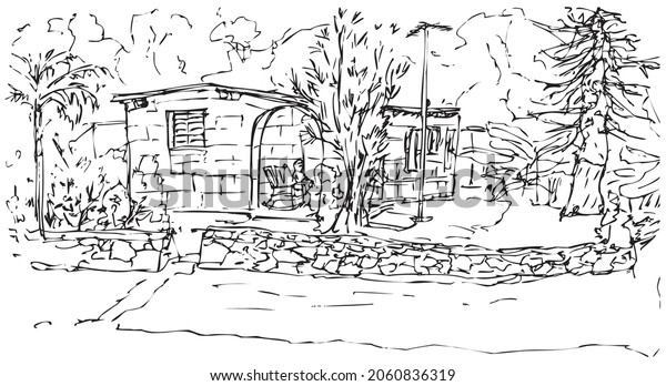 Хостел с собственной кухней с обеденным столом. Дом с черепичной крышей и палисадником с деревьями. Авенида Сегунда, Варадеро, Куба. Чёрно-белый, линейный вектор. Рисунок художника Андрея Бондаренко #iThyx