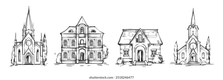 Conjunto de casa de esboço de tinta, arquitetura vetorial gravura ilustração, casamento casa de campo desenhada à mão igreja. Vintage Inglês edifício clipart, antiga fachada capela, vista frontal propriedade. Esboço de arte