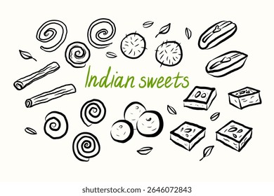 Esboço de tinta com doces indianos em fundo isolado. Banner vetor com mão desenhada Barfi, doces, Gulab Jamun, sobremesa Sandesh, canela, delícias de férias, Vaisakhi. Alimentos e pastelaria tradicional hindu