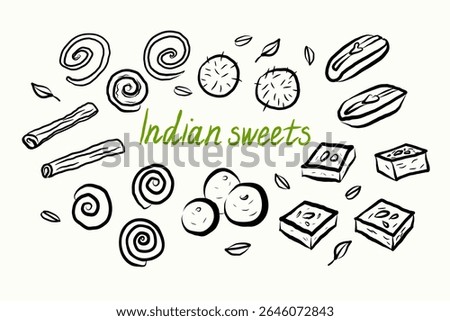 Ink sketch with Indian sweets on isolated background. Vector banner with hand drawn Barfi, candy, Gulab Jamun, Sandesh dessert,cinnamon, holiday treats, Vaisakhi. Food and traditional Hindu pastry