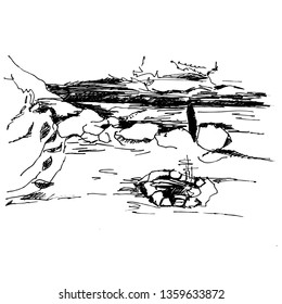 Ink sketch of landscape with lake, fire and trees on white background. Vector illustration