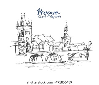 ink sketch line drawing of Prague old town top cityscape with hand lettering inscription, Czech republic,  vector illustration