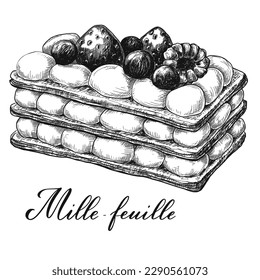 Ink sketch mille0feuille cake french dessert. Food vintage vector illustration.	