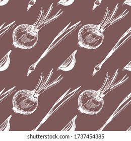 Ink sketch of onion seamless pattern. Hand drawn vector illustration. Retro style.