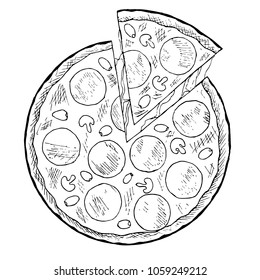 Ink sketch of pizza with sausage, mushrooms, olives on white. Monochrome stock vector illustration