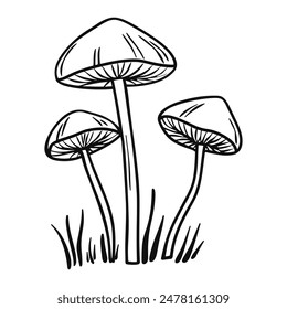 Ink sketch of psychedelic mushrooms the grass isolated on white background. Poisonous toadstool. Minimalist line art.