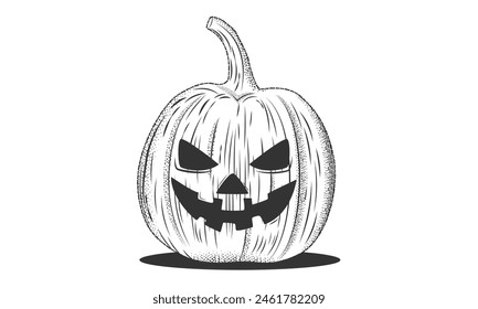 Ink sketch of pumpkin halloween isolated on white background.Pumpkin with angry face in engraving style.Jack-o-lantern in vintage retro woodcut etching style.Vector illustration EPS 10 editable stroke