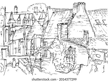 Ink sketch a quaint space of one restaurant near the bridge over the channel, Arsenaalstaat street, Bruges, Belgium