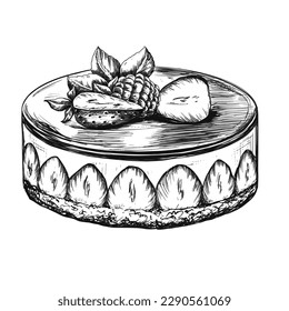 Ink sketch strawberry pie dessert. Food vintage vector illustration.	
