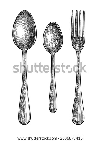 Ink sketch of tableware. Tablespoon, teaspoon and fork. Hand drawn vector illustration. Vintage style.