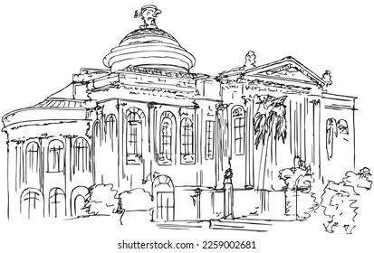 Ink sketch of the Teatro Massimo Vittorio Emanuele is an opera house 1897 in high neoclassical style, largest theatre located on the Piazza Verdi in Palermo, Sicily, Italy