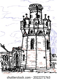 Ink sketch of a Tower fence Petrovskiy Putevoy Dvorets or Petroff Palace, founded in 1780, located in Moscow on Leningradsky Ave, Russia. 
