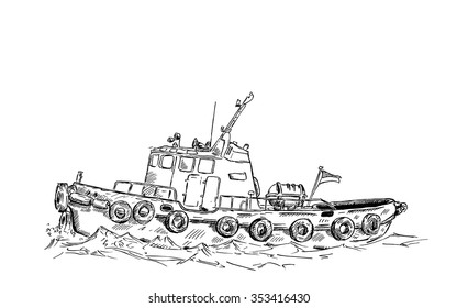 Ink sketch of tugboat.  Vector illustration