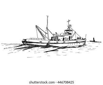 Ink Sketch Of Tugboat. Vector Illustration