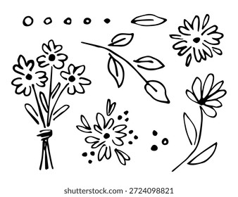 Ink sketch, vector drawing with black outline. Set of floral elements. Cute bouquet of daisies, flowers, branches with leaves. Plants and nature.