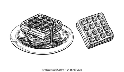 Ink sketch of waffles with syrup topping. Hand drawn vector illustration isolated on white background. Retro style.