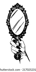 Ink sketch of witch's hand holding a mirror. Halloween vector illustration. Retro outline clipart for decor isolated on white.