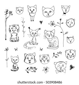 Ink sloppy doodle cat and tiger set. 