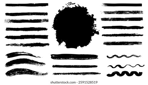 Ink smear dirt splatter dry brush stroke silhouette. Grunge box frame set, dripping drops, torn paper, graffiti elements isolated.