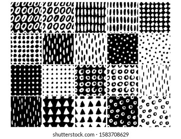 Ink smears. Set of black and white minimalistic vector seamless patterns for your design, for printing on packaging, textiles, fabrics.