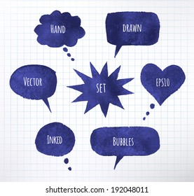 Ink speech bubbles on school paper background.