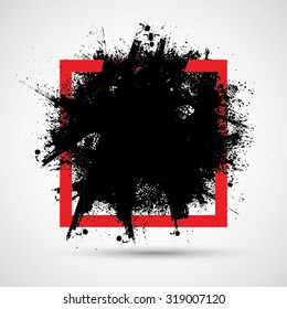 Ink Splash Background . Grunge Texture . Brush Stroke with Red Square .