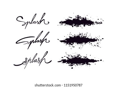 Ink splash black drops and brush strokes vector illustration with letters set. Black liquid drops formed in line brush strokes collection with word splash typography text and letters. Abstract art. 