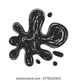 Ink splash blob with drips drawn in rough crayon strokes and messy texture. Symbol of creativity, chaos, and spontaneity for art projects and grunge branding. Cartoon vector illustration.