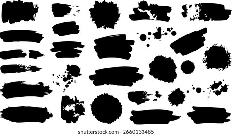 Ink splash and brush stroke collection in various abstract shapes. A set of grunge elements for modern, artistic, and creative designs.