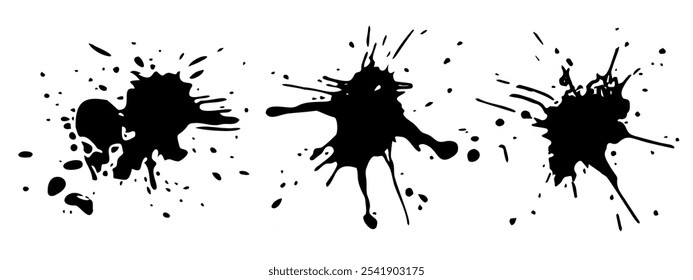 Ink splash with dynamic splatter, grunge abstract paint drop with streaks,splashes,spots,dots,streaks, creative liquid blot design.  Isolated.Vector illustration
