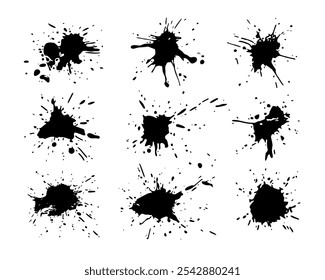 Ink splash with dynamic splatter, grunge abstract paint drop with streaks,splashes,spots,dots,streaks, creative liquid blot design.  Isolated.Vector illustration