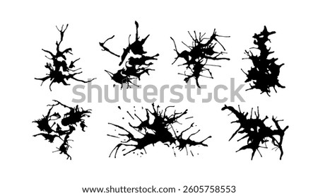 Ink splash silhouette. Black paint spatter. Liquid watercolor splash blob set, isolated on white background
