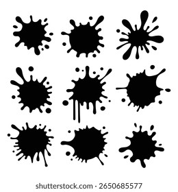Silhouette d'éclaboussures d'encre, Image vectorielle de éclaboussures de peinture, Clip d'art de lot d'encre noir, forme de éclaboussures grunge, élément graphique de goutte d'encre